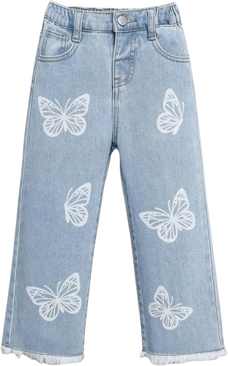 WDIRARA Girls' Butterfly Print Jeans Baggy Denim Pants Elastic Waist Raw Hem Trousers - Image 1